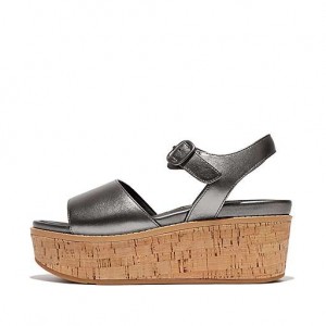 Black FitFlop ELOISE Cork-Wrap Metallic-Leather Back-Strap Wedge Women's Sandals | IAPXEB964