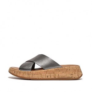 Black FitFlop F-MODE Metallic Leather/Cork Flatform Cross Women's Slides | VOHCTL791