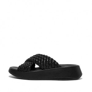 Black FitFlop F-MODE Woven-Leather Flatform Cross Women's Slides | CDTKGM758