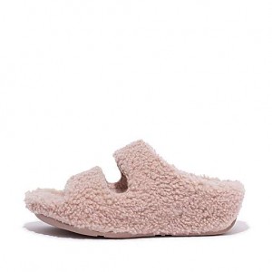 Black FitFlop SHUV Two-Bar Shearling Women's Slippers | CTVEAZ437