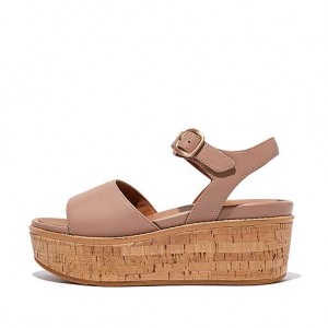 Brown FitFlop ELOISE Cork-Wrap Leather Wedge Women's Sandals | HCKVRE906