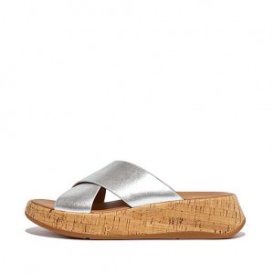 Brown FitFlop F-MODE Metallic Leather/Cork Flatform Cross Women's Slides | WMQUXN271