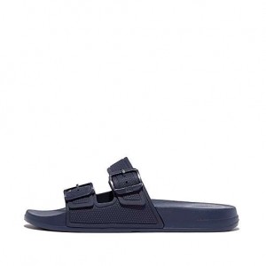 Navy FitFlop IQUSHION Two-Bar Buckle Women's Slides | QURTEY891