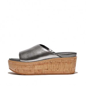 Silver FitFlop ELOISE Cork-Wrap Metallic-Leather Wedge Women's Slides | UDPFLR340