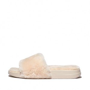 Silver FitFlop IQUSHION Shearling Women's Slides | YLXADU340