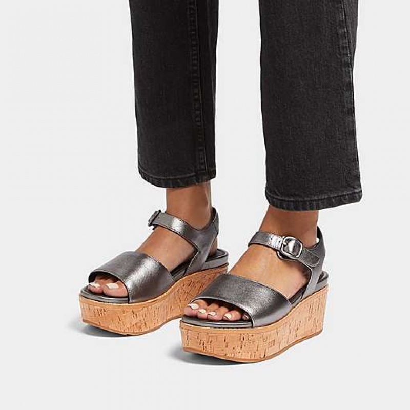 Black FitFlop ELOISE Cork-Wrap Metallic-Leather Back-Strap Wedge Women's Sandals | IAPXEB964