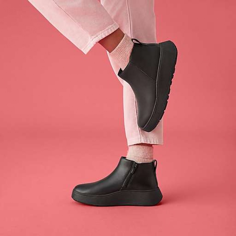 Black FitFlop F-MODE Leather Flatform Zip Women's Boots | HELTSC386