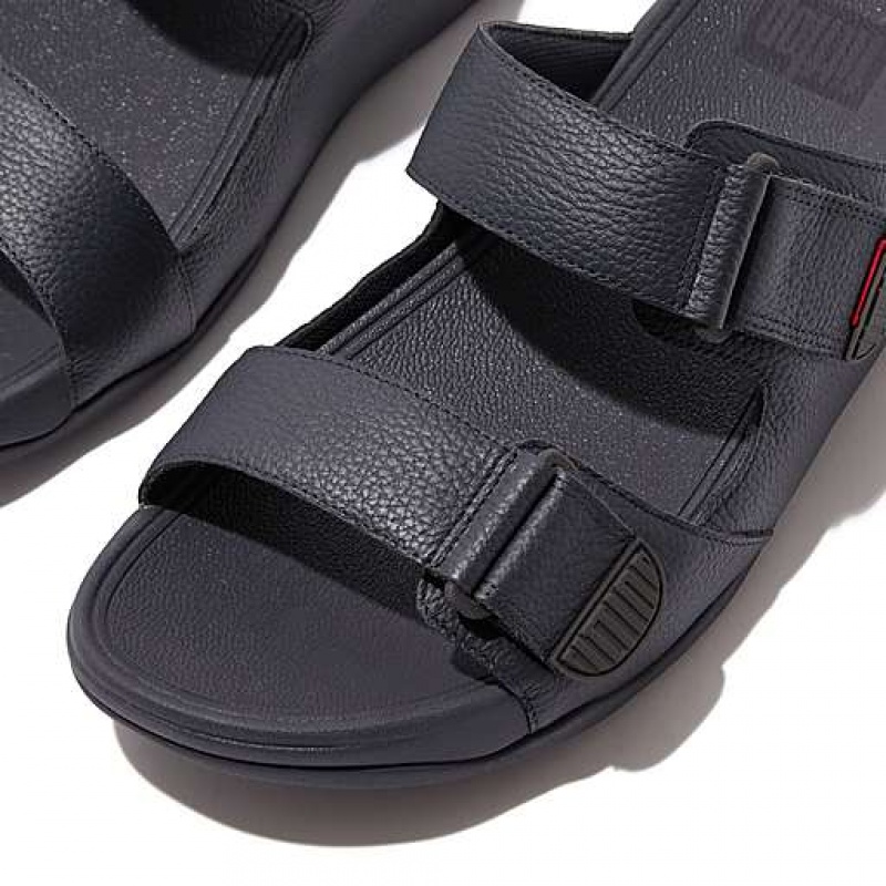 Black FitFlop GOGH MOC Adjustable Leather Men's Slides | RWXGPL974