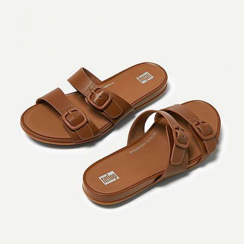 Black FitFlop GRACIE Buckle Two-Bar Leather Women's Slides | BXCUHV431