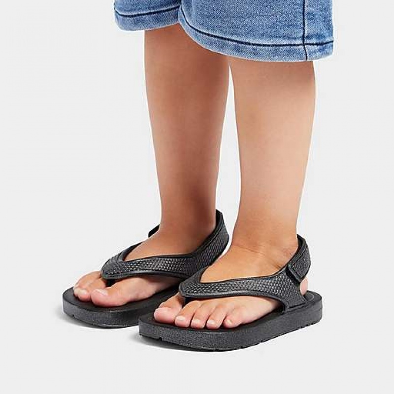 Black FitFlop IQUSHION Shimmer Ergonomic Back-Strap Kids' Flip Flops | FVAQJN814