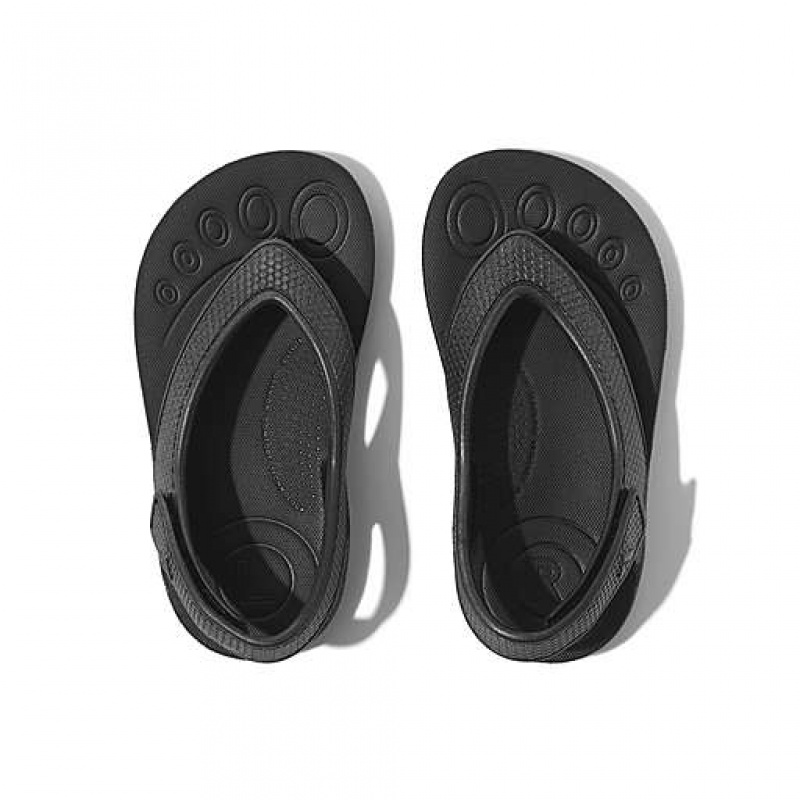 Black FitFlop IQUSHION Shimmer Ergonomic Back-Strap Kids' Flip Flops | FVAQJN814