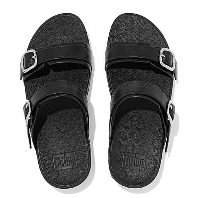 Black FitFlop LULU Adjustable Leather Women's Slides | JADIMR065