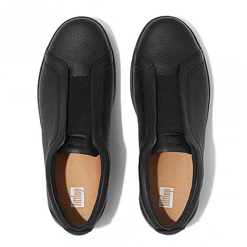 Black FitFlop RALLY Elastic Tumbled-Leather Slip-On Women's Sneakers | MPZOQA180