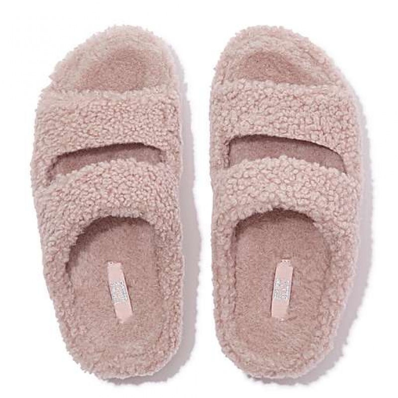 Black FitFlop SHUV Two-Bar Shearling Women's Slippers | CTVEAZ437