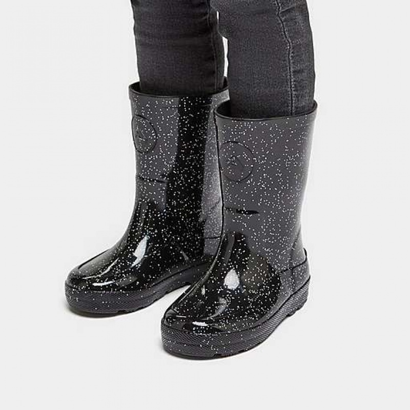 Black FitFlop WONDERWELLY Glitter Ergonomic Kids' Rain Boots | NZOVXM182