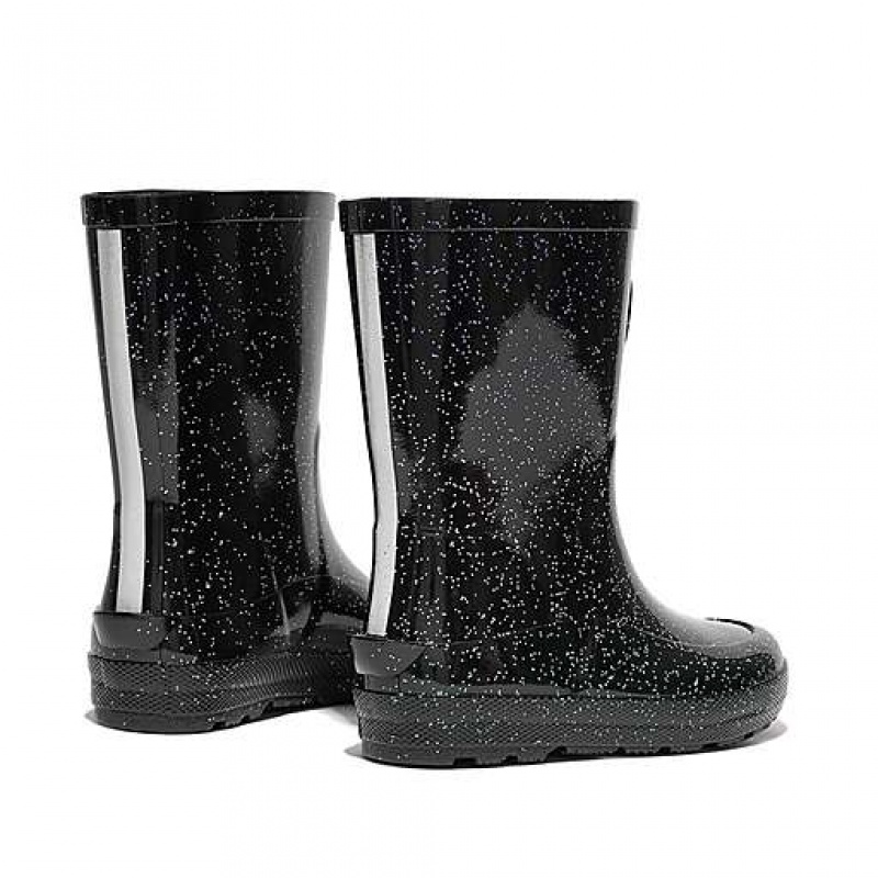 Black FitFlop WONDERWELLY Glitter Ergonomic Kids' Rain Boots | NZOVXM182