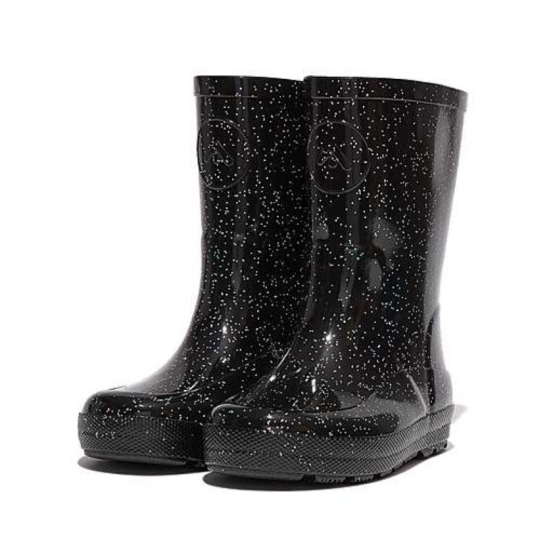 Black FitFlop WONDERWELLY Glitter Ergonomic Kids' Rain Boots | NZOVXM182