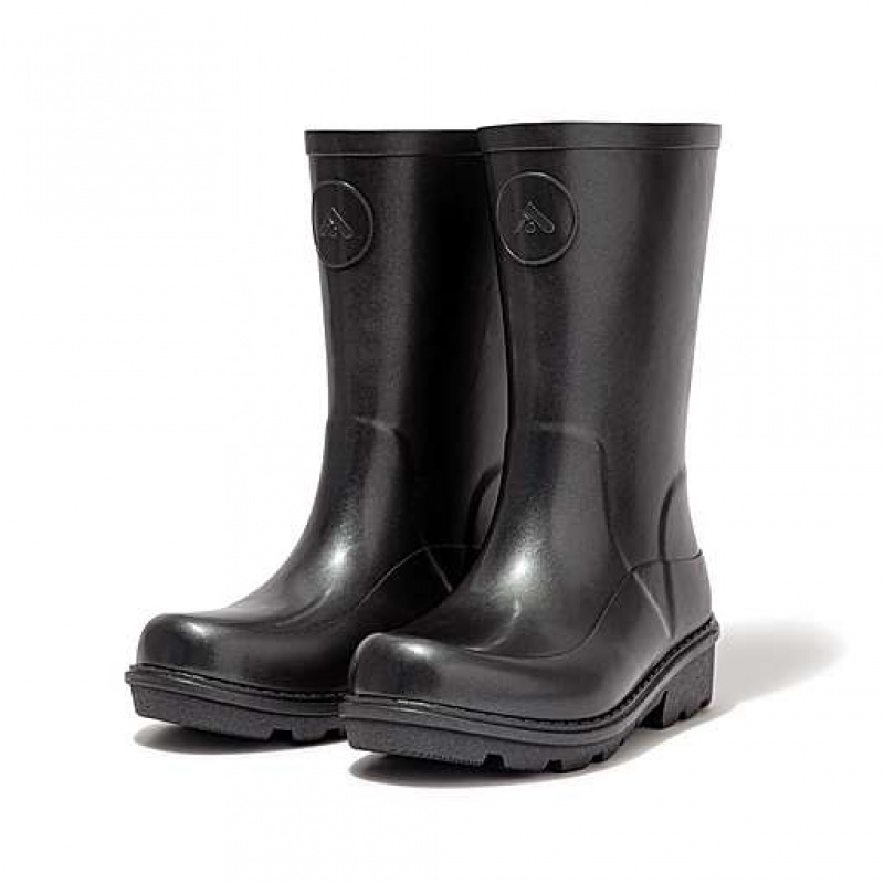 Black FitFlop WONDERWELLY Pearlized Ergonomic Waterproof Kids' Wellington Boots | NFSUJQ902