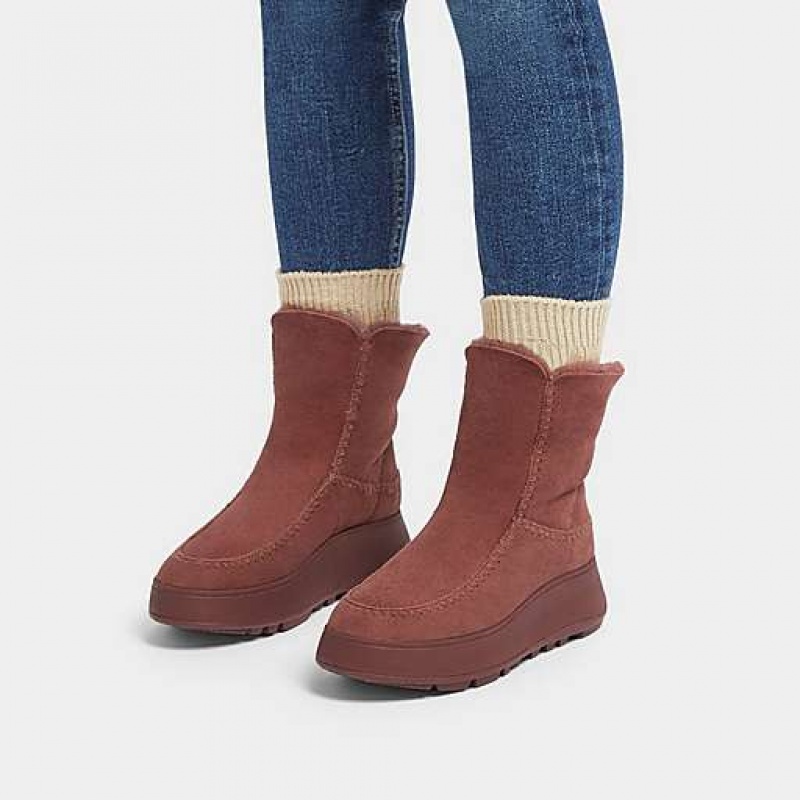 Blue FitFlop F-MODE Crochet-Stitch Double-Faced Shearling Flatform Moc Women's Boots | MQZBFN071