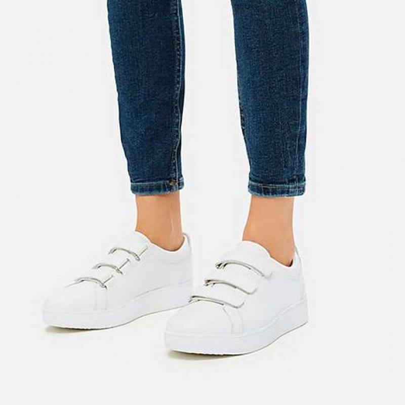 Blue / White FitFlop RALLY Strap Leather Women's Sneakers | SLZCAJ497