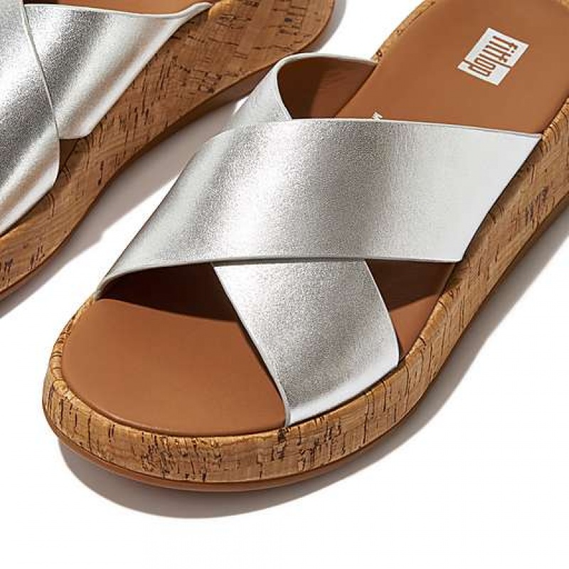 Brown FitFlop F-MODE Metallic Leather/Cork Flatform Cross Women's Slides | WMQUXN271