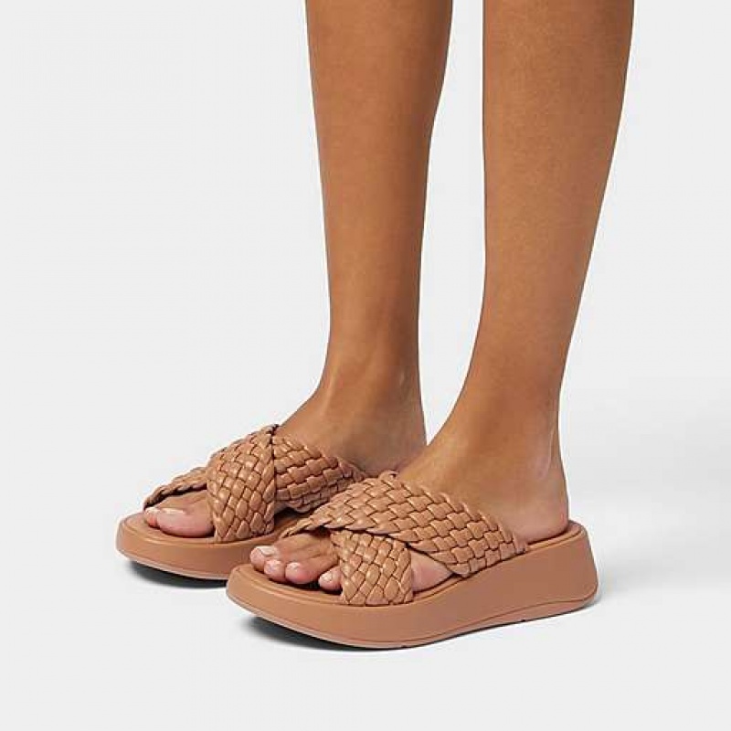 Brown FitFlop F-MODE Woven-Leather Flatform Cross Women's Slides | IYANVD154