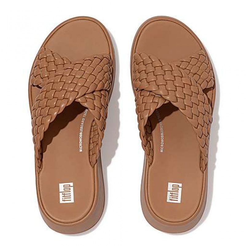 Brown FitFlop F-MODE Woven-Leather Flatform Cross Women's Slides | IYANVD154