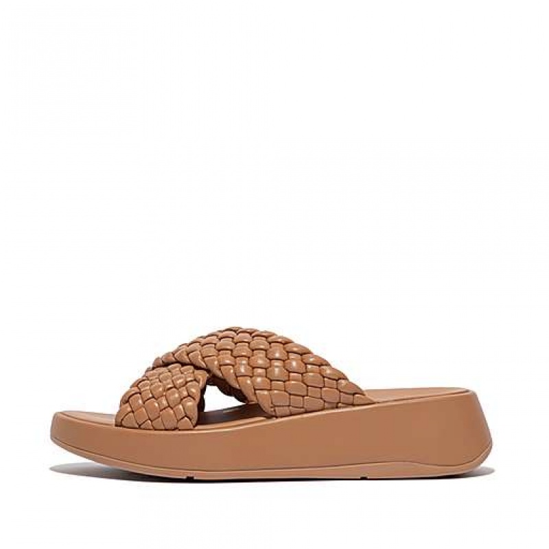 Brown FitFlop F-MODE Woven-Leather Flatform Cross Women\'s Slides | IYANVD154