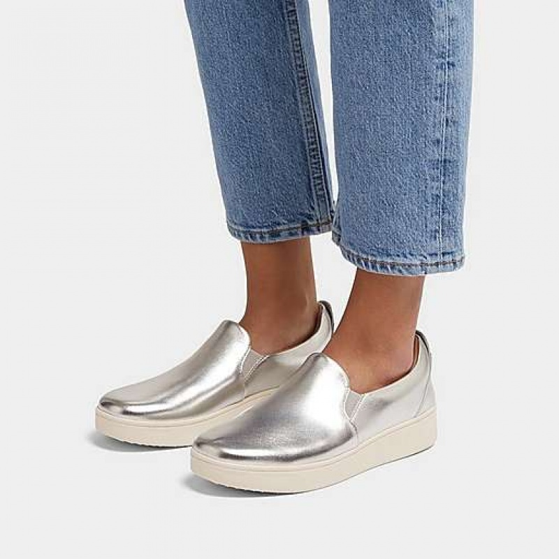 Brown FitFlop RALLY Metallic-Leather Slip-On Skate Women's Sneakers | PKBGCA962