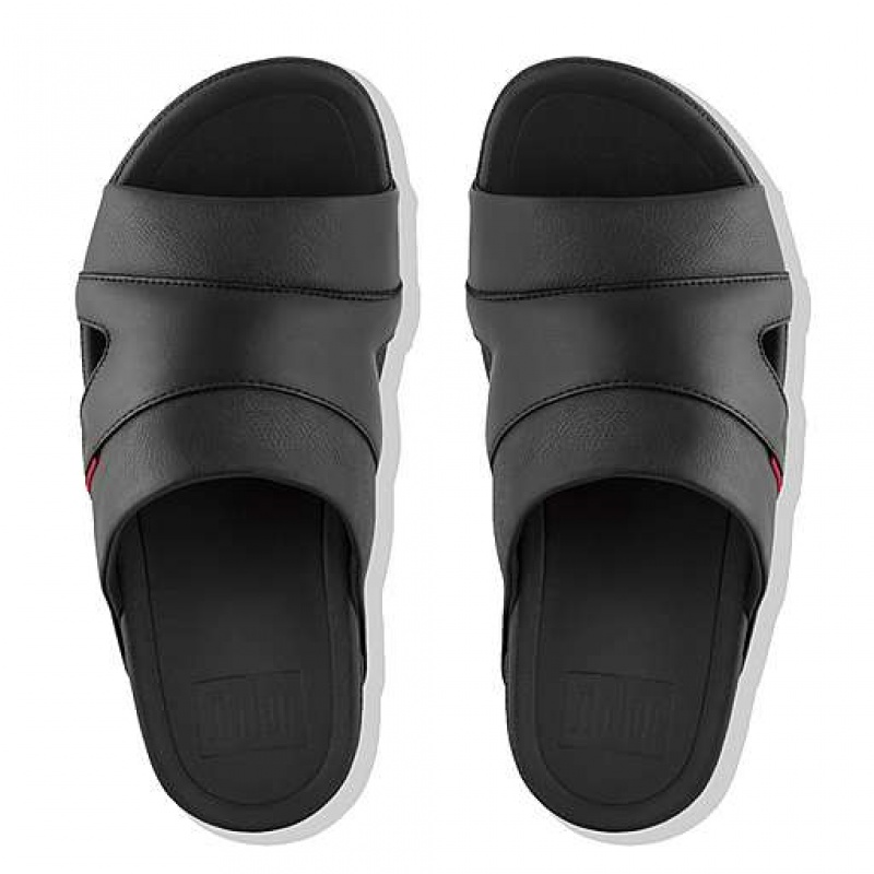 Grey FitFlop FREEWAY Leather Pool Men's Slides | SPIFNO764