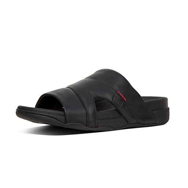 Grey FitFlop FREEWAY Leather Pool Men's Slides | SPIFNO764