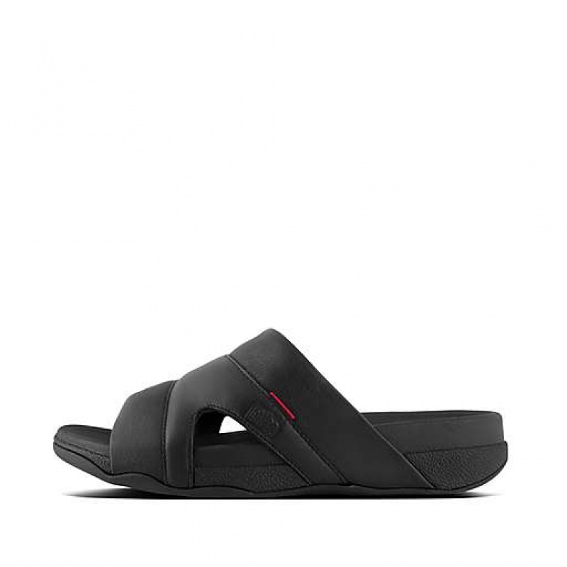 Grey FitFlop FREEWAY Leather Pool Men\'s Slides | SPIFNO764