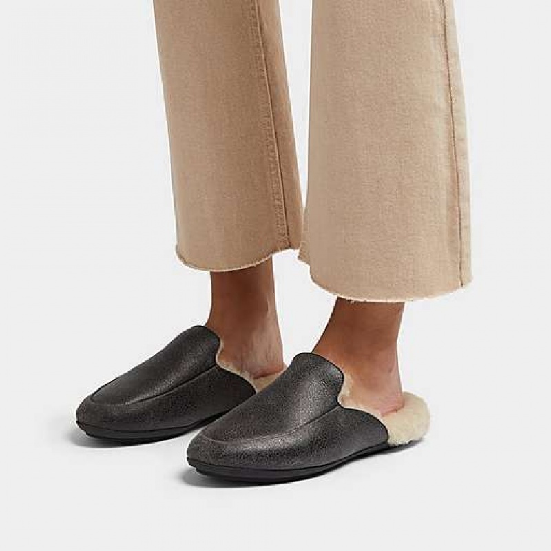 Grey FitFlop GRACIE Double-Faced Shearling Leather Women's Mules | OHBSVA340