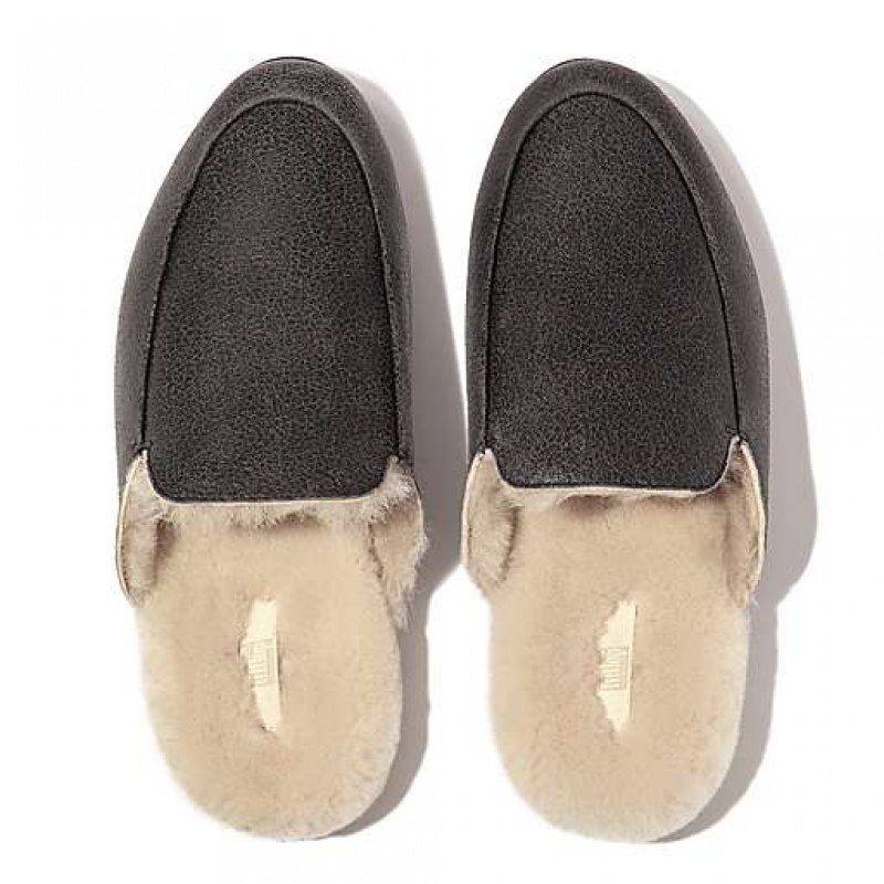 Grey FitFlop GRACIE Double-Faced Shearling Leather Women's Mules | OHBSVA340