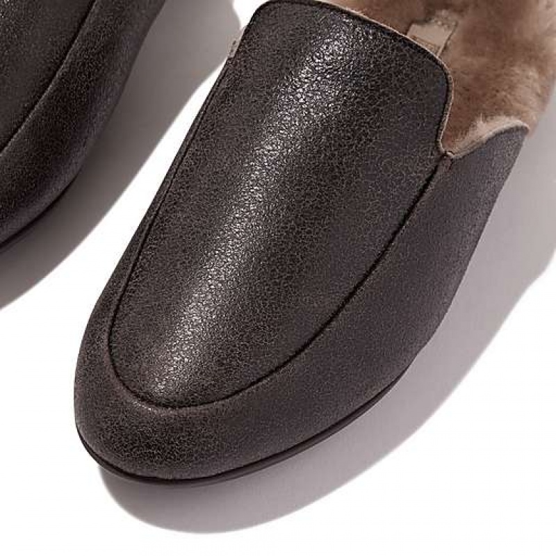 Khaki FitFlop GRACIE Double-Faced Shearling Leather Women's Slippers | CRBGYP850