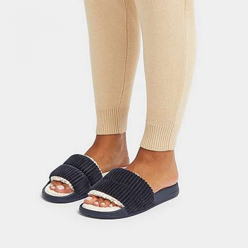 Metal / Black FitFlop IQUSHION Biofleece-Lined Corduroy Women's Slides | EVCGUJ534