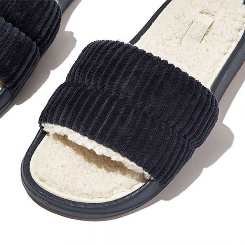 Metal / Black FitFlop IQUSHION Biofleece-Lined Corduroy Women's Slides | EVCGUJ534