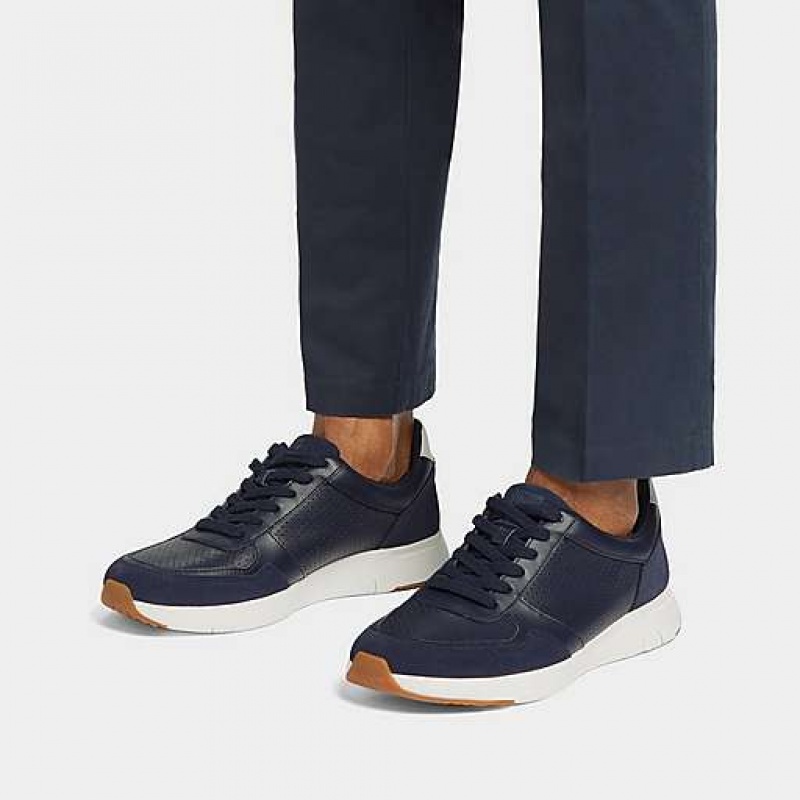 Navy FitFlop ANATOMIFLEX Leather-Mix Men's Sneakers | RJAIKM318