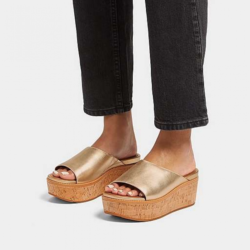 Navy FitFlop ELOISE Cork-Wrap Metallic-Leather Wedge Women's Slides | TDYEBA570