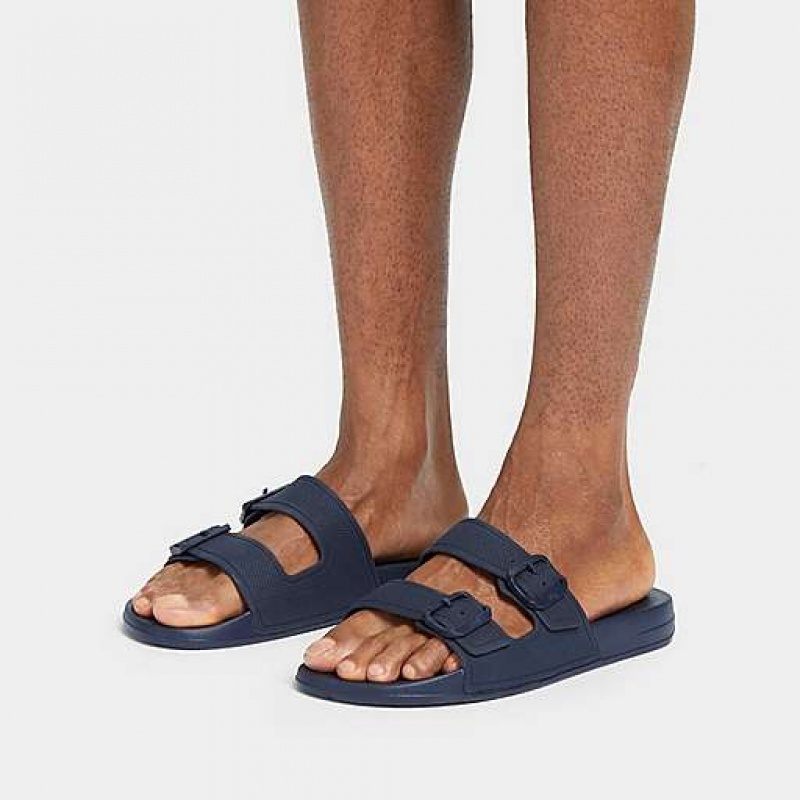 Navy FitFlop IQUSHION IQUSHION Two-Bar Buckle Men's Slides | ESNZOJ357