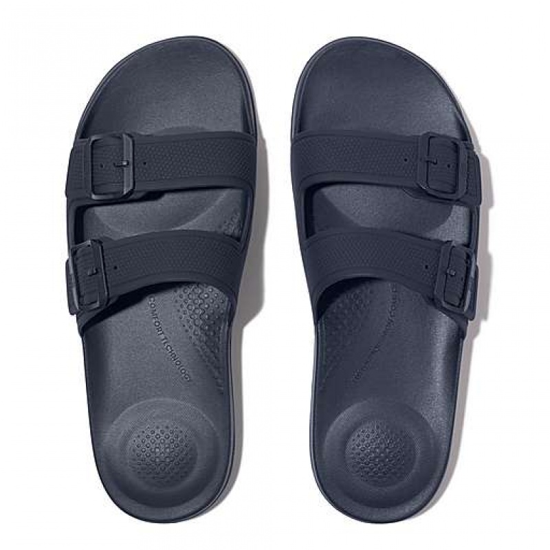 Navy FitFlop IQUSHION IQUSHION Two-Bar Buckle Men's Slides | ESNZOJ357