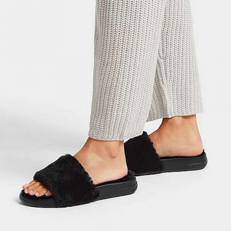 Navy FitFlop IQUSHION Shearling Women's Slides | EZWTFR608