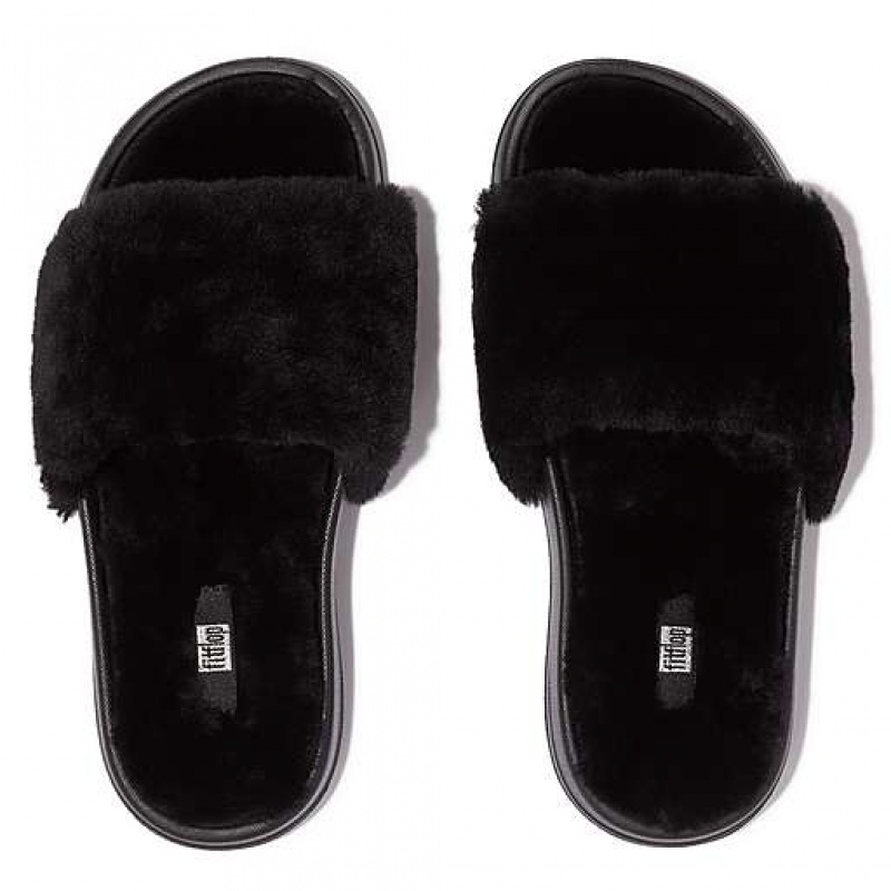 Navy FitFlop IQUSHION Shearling Women's Slides | EZWTFR608