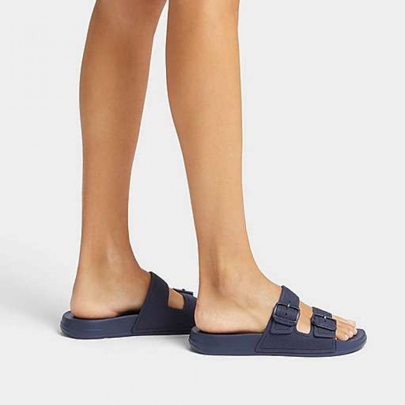 Navy FitFlop IQUSHION Two-Bar Buckle Women's Slides | QURTEY891