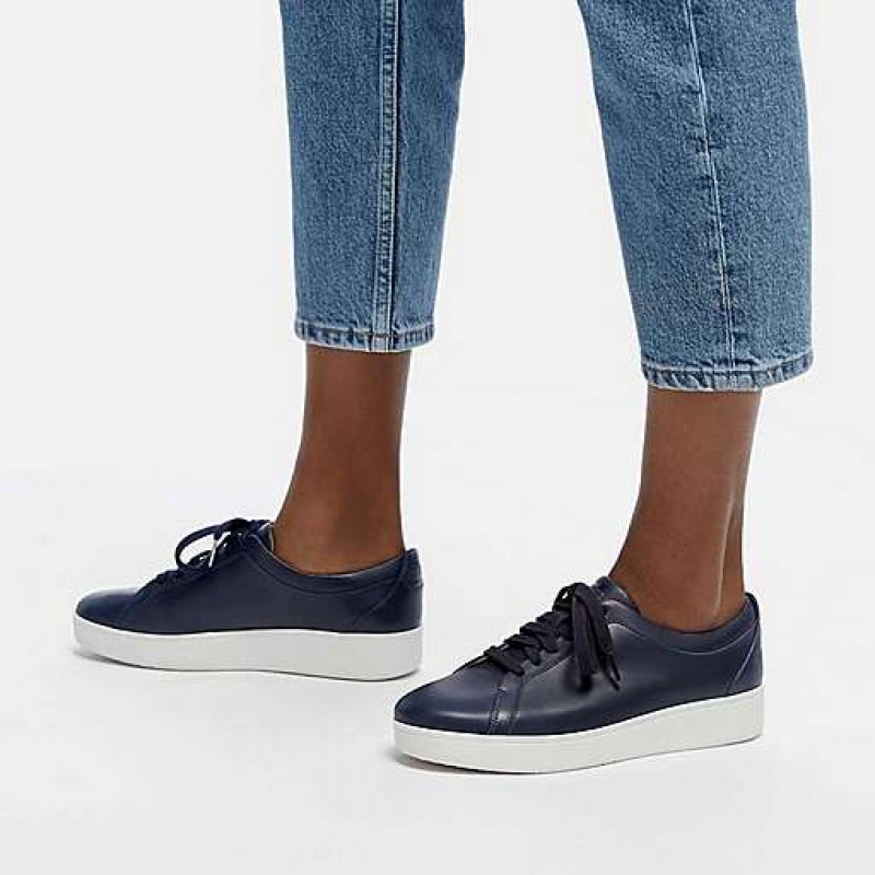 Navy FitFlop RALLY Leather Women's Sneakers | VIASEC932