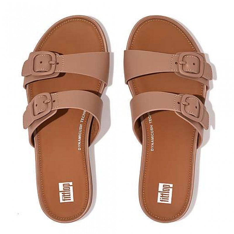 Pink FitFlop GRACIE Buckle Two-Bar Leather Women's Slides | XZQLVH315