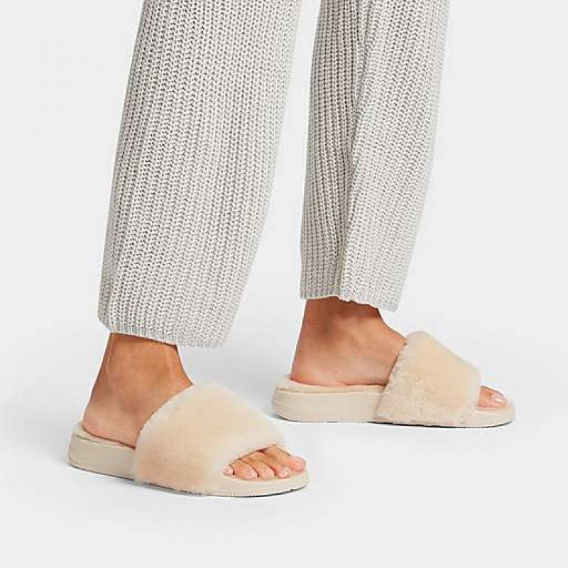 Silver FitFlop IQUSHION Shearling Women's Slides | YLXADU340