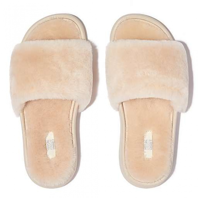 Silver FitFlop IQUSHION Shearling Women's Slides | YLXADU340