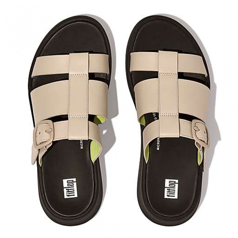 White FitFlop F-MODE Neon-Pop Leather Flatform Fisherman Women's Slides | DMXFLV827