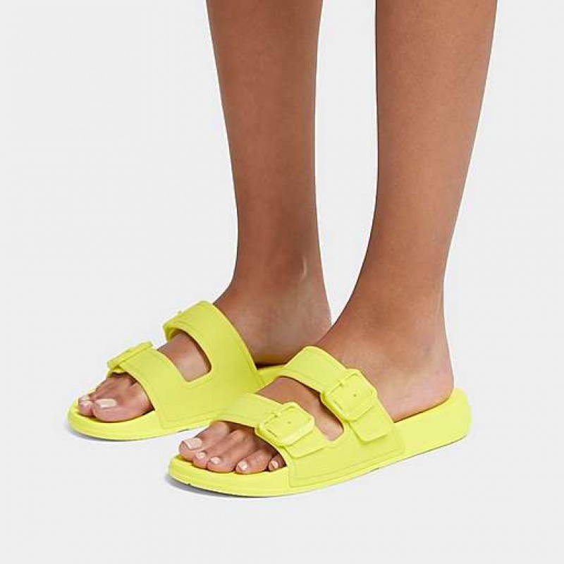 White FitFlop IQUSHION Glow-In-The-Dark Two-Bar Buckle Women's Slides | NDBYJQ468